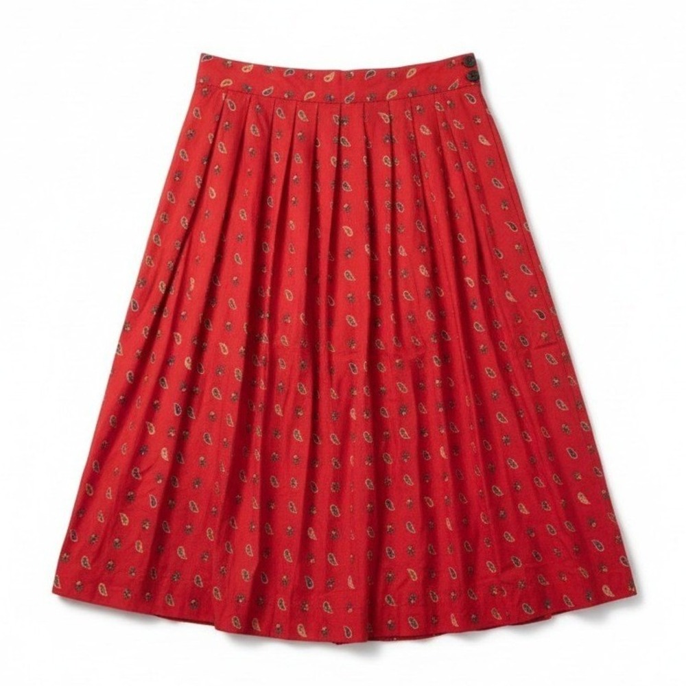 Chaus Petites Red Paisley Pleated Midi Skirt, Vtg High Waisted, Woman's Size 10P